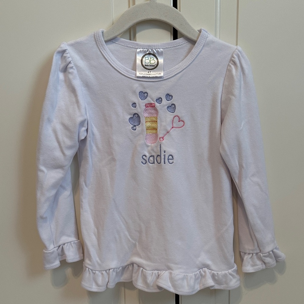 Sadie White Long-Sleeve Ruffle Tee with Pastel Embroidery